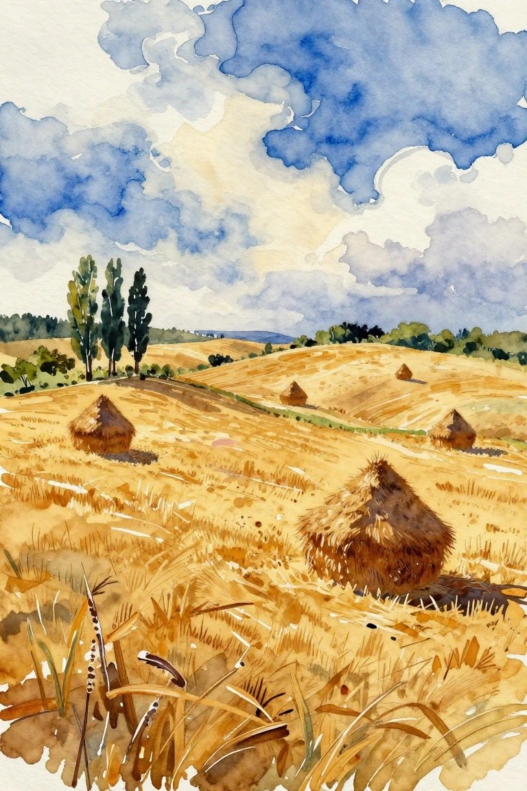 A watercolor landscape of golden fields with haystacks, rolling hills, and a blue sky with clouds.