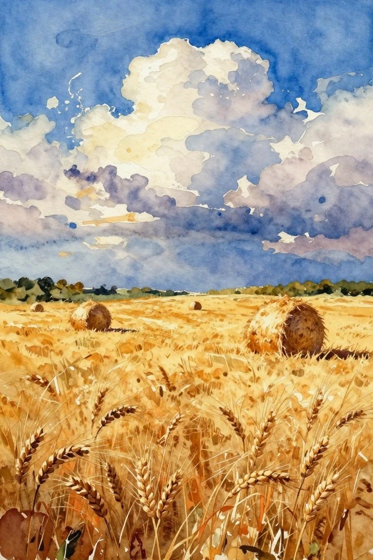A watercolor painting of a golden wheat field with several hay bales under a blue sky filled with large white and gray clouds.