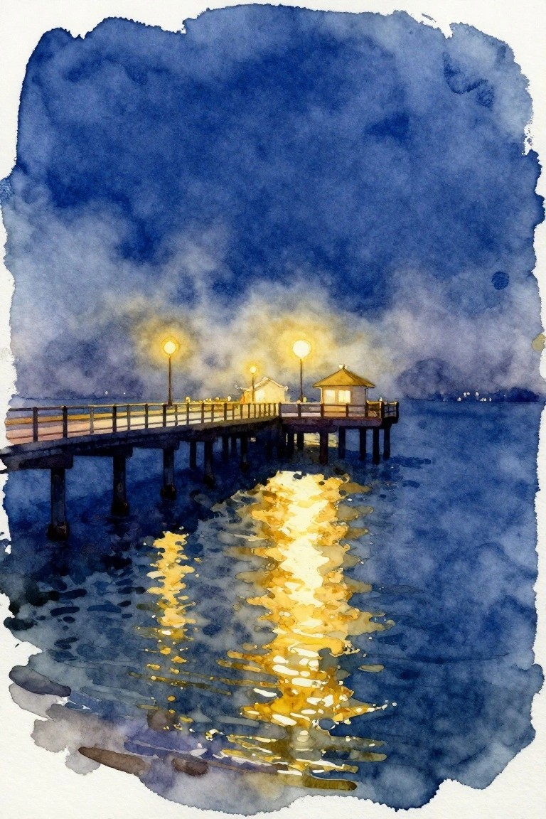 Watercolor of illuminated wooden pier with glowing lights reflecting on dark blue water at night
