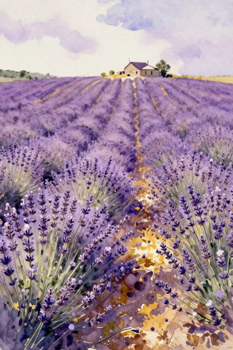 Watercolor of purple lavender rows leading to a distant rural house.