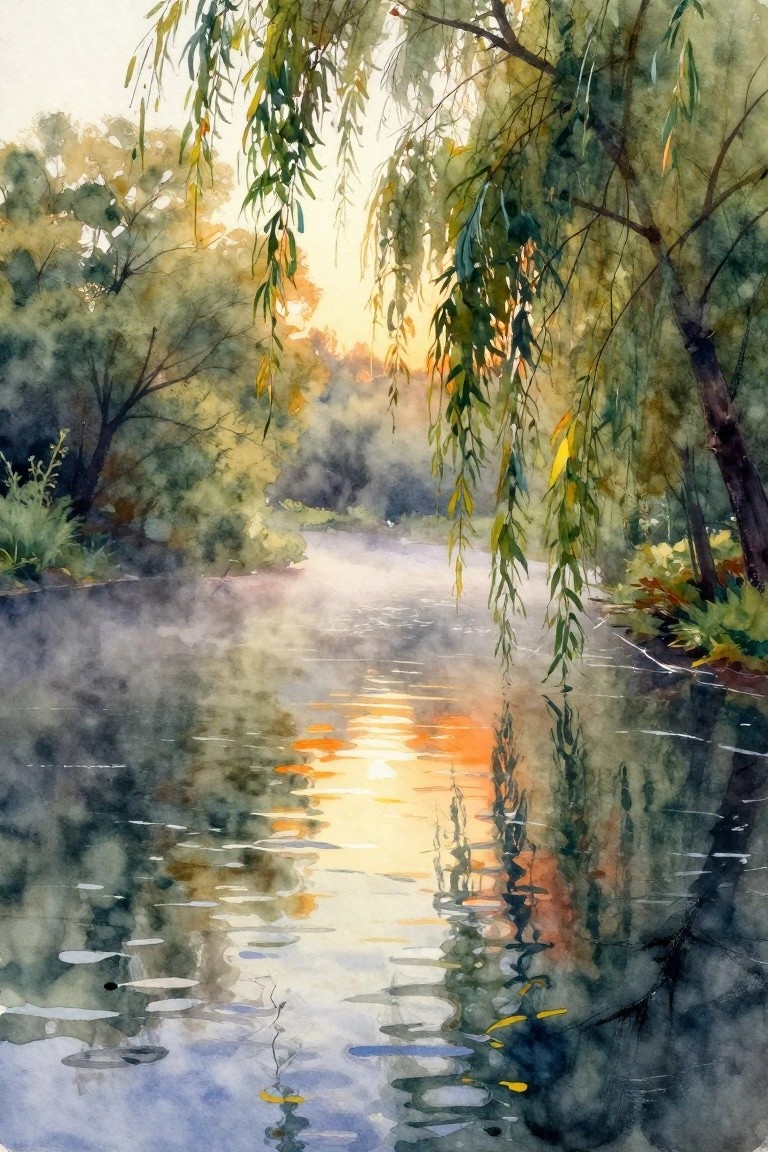 A watercolor landscape shows a misty river at sunrise with orange reflections on the water and willow branches hanging from both sides.
