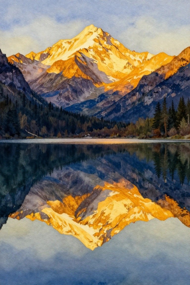 Sunlit snow-capped peaks reflected in calm lake, watercolor landscape style