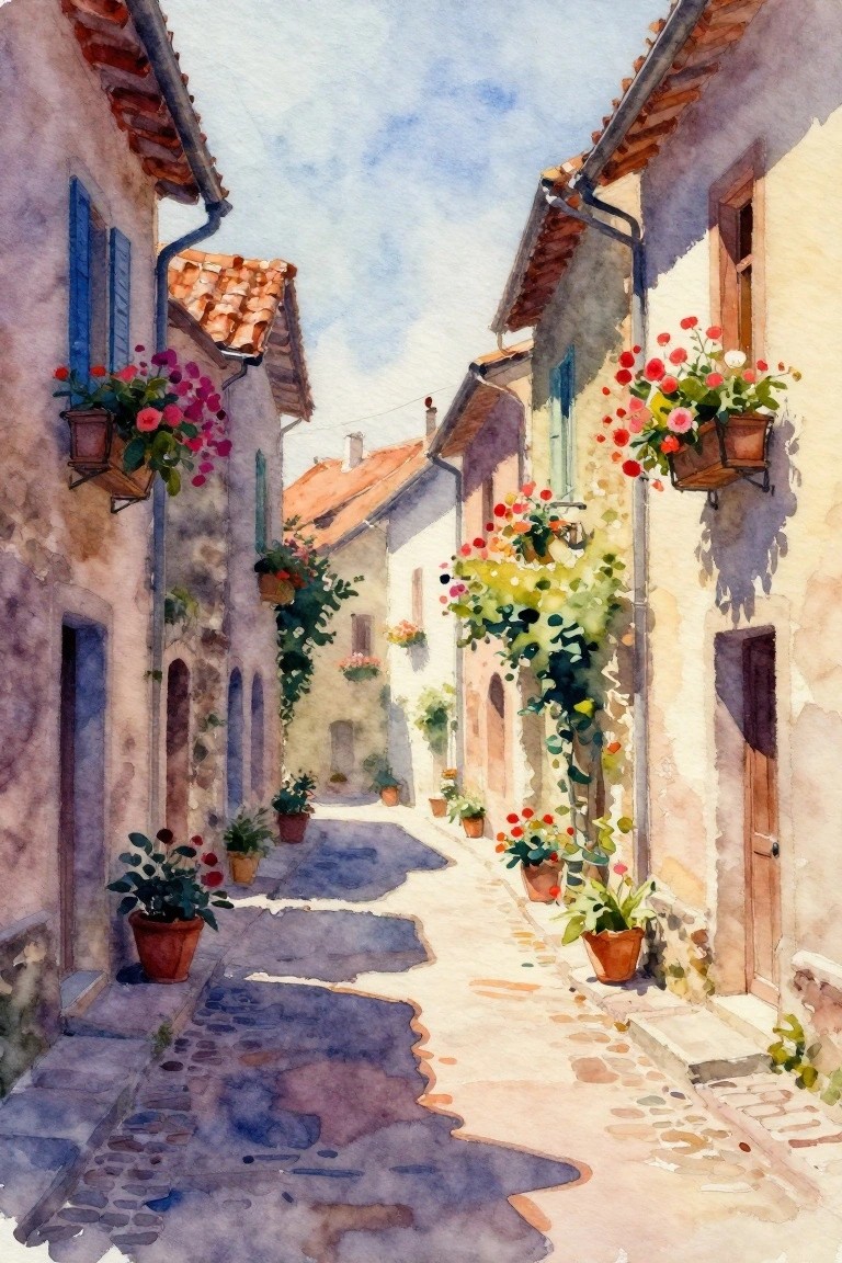 Watercolor of a sunny narrow alley with flower boxes, pots, and cobblestone path between old buildings.