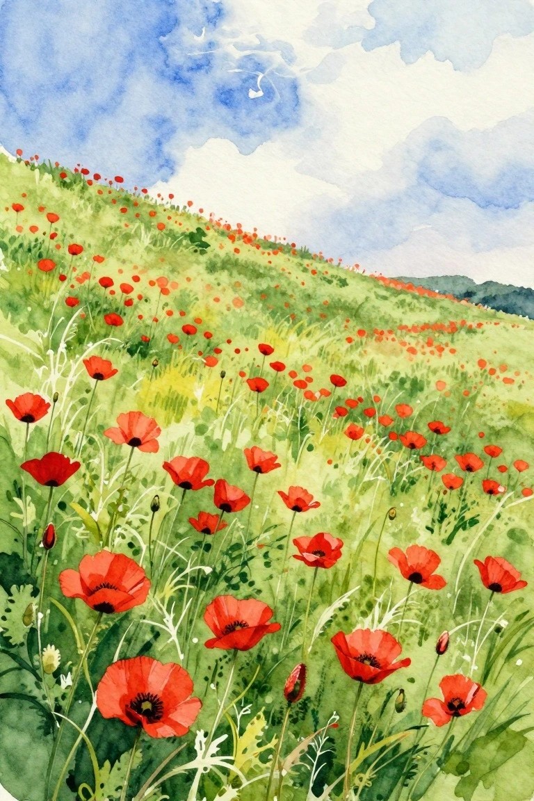 Watercolor painting of a green hillside covered in red poppies under a blue sky with white clouds.
