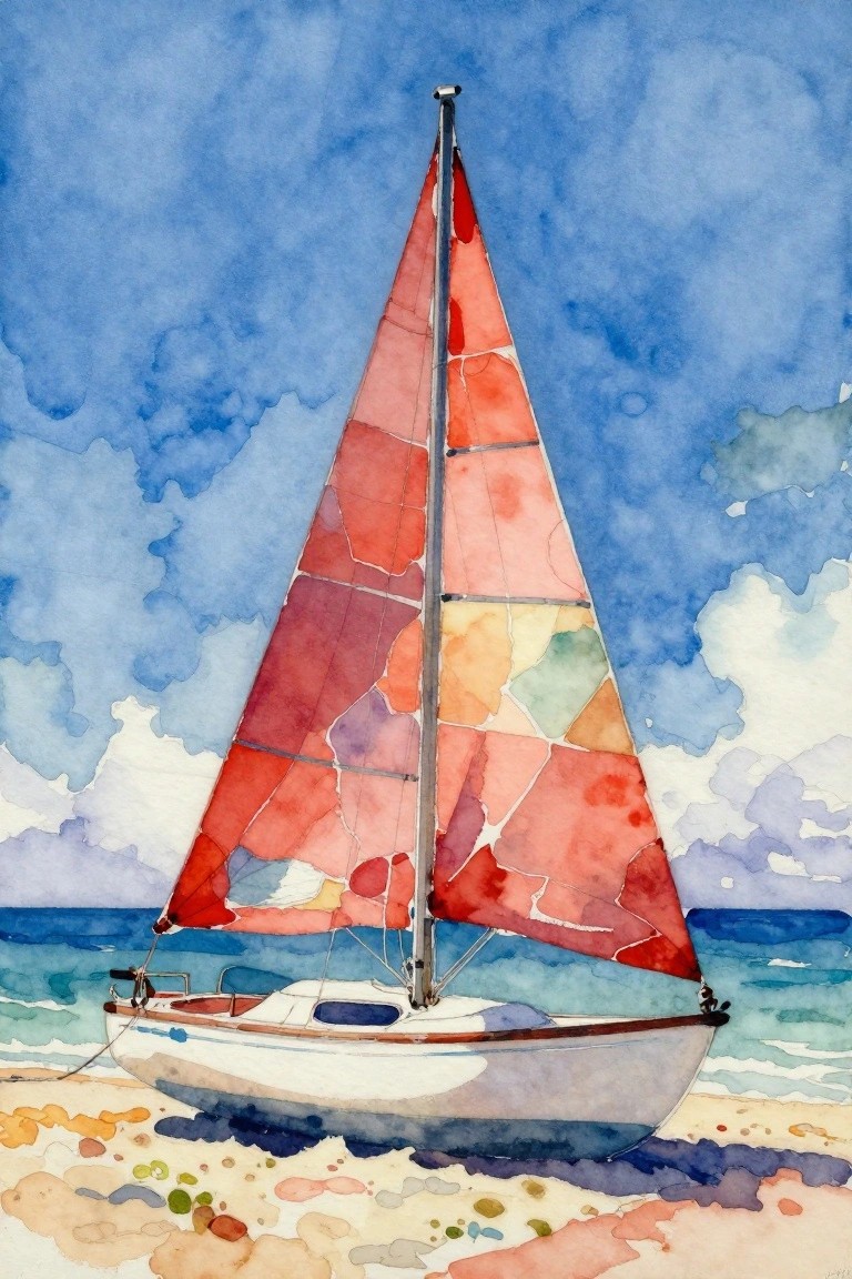 Watercolor sailboat with vibrant red patchwork sail beached on sandy shore by blue sea.