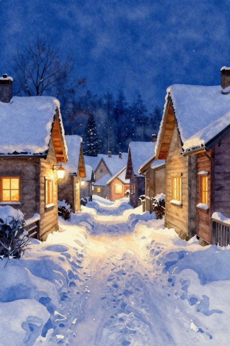 A watercolor painting of a snowy village street at night with wooden houses, glowing windows, and footprints in the snow.