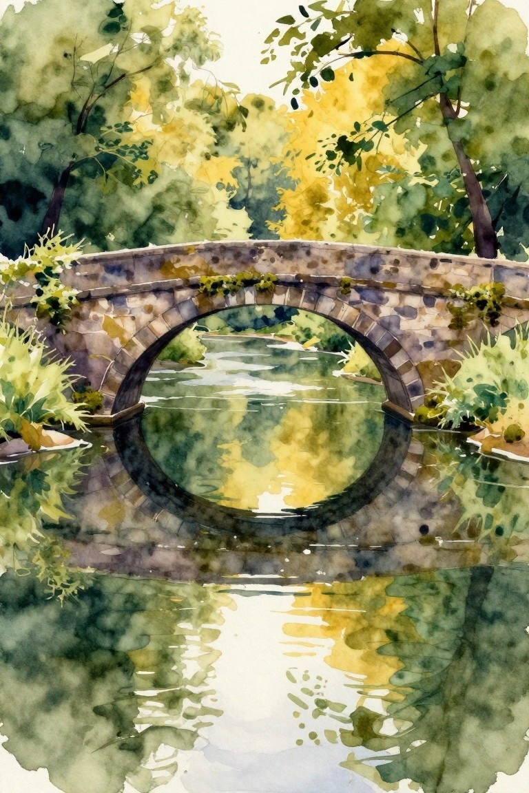 Watercolor of arched stone bridge over river with lush green and yellow foliage reflections