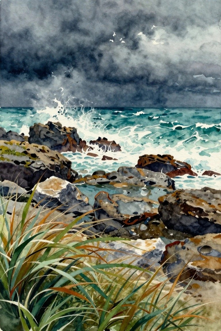 Watercolor of stormy teal waves crashing on dark rocks under gray skies with grass foreground