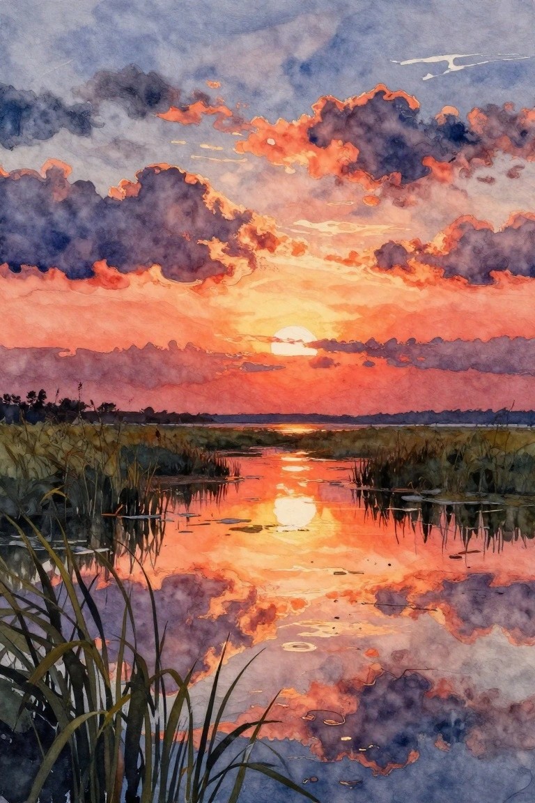 A watercolor painting of a sunset over a marsh with orange and purple clouds reflected in the water and tall grasses in the foreground.