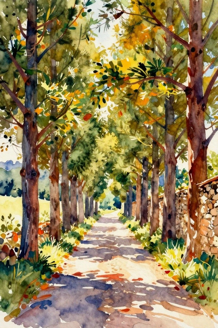 Watercolor of sunlit dirt path winding through tall autumn-colored trees
