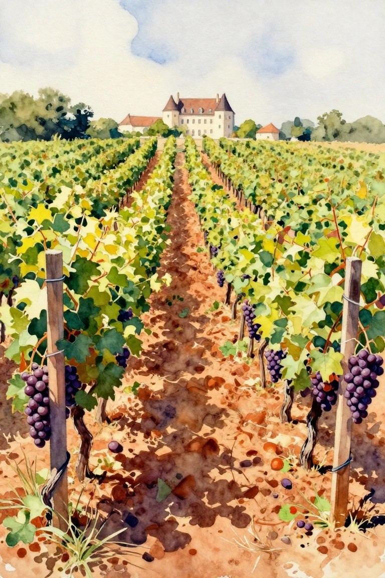 Watercolor vineyard rows with purple grapes on vines, dirt path to distant chateau.