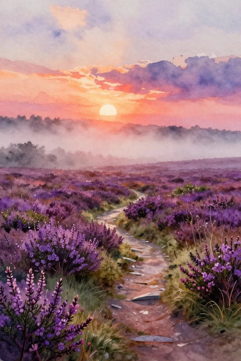 A watercolor landscape shows a winding path through purple heather under an orange sunset with mist over the hills.