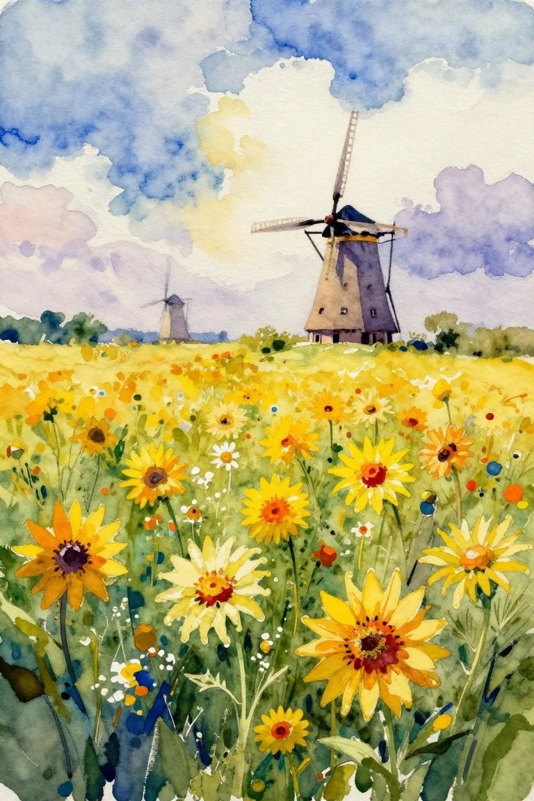 Watercolor of yellow wildflowers and windmills beneath a cloudy blue sky