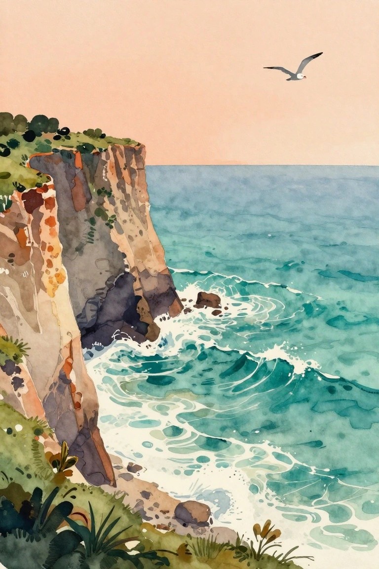 A watercolor painting of a rocky cliff with green plants overlooking turquoise ocean waves under a peach sky with one bird flying.