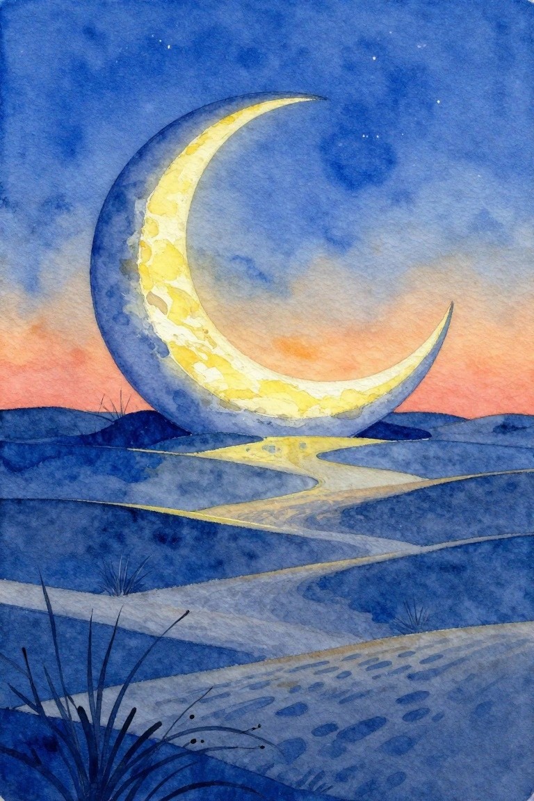 Watercolor crescent moon glowing over winding path in blue hills at dusk