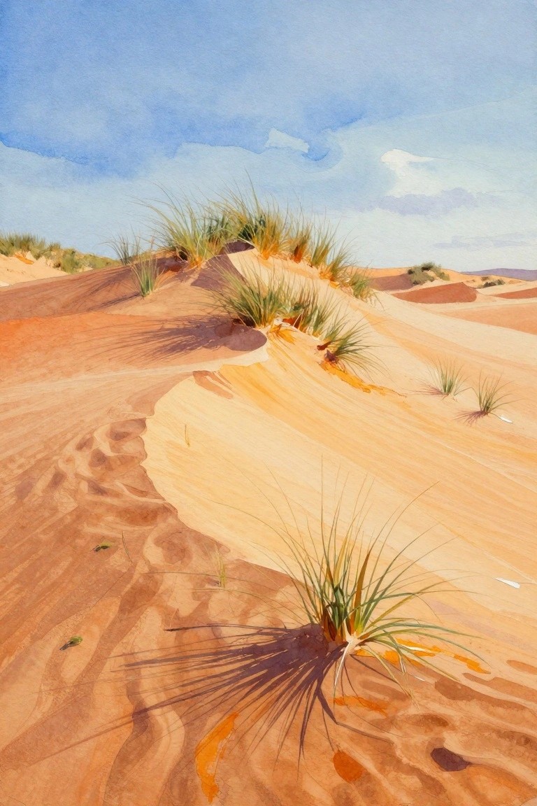 Watercolor of orange sand dunes with sparse grass under a blue sky.