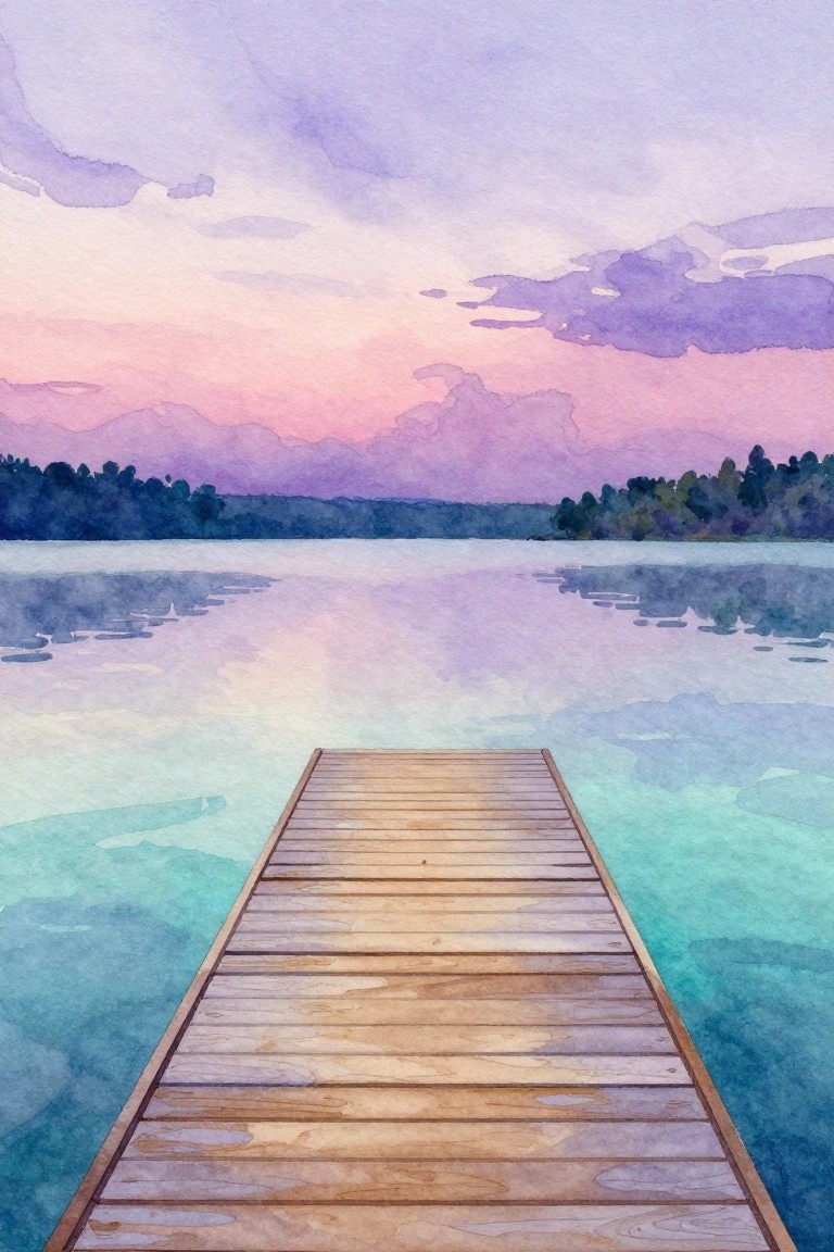 Watercolor of wooden dock over calm turquoise lake under purple-pink sunset sky