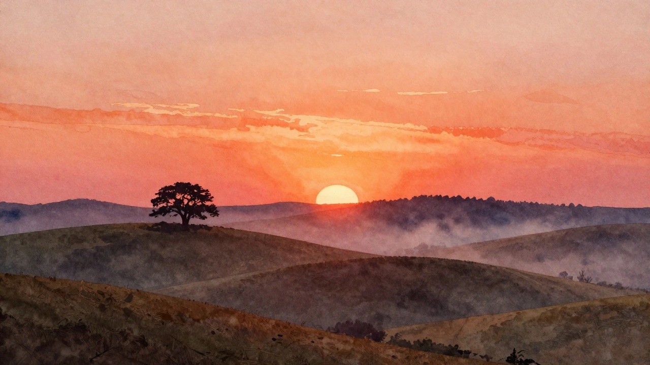 Watercolor sunset landscape with misty hills, glowing sun, and lone silhouetted tree.