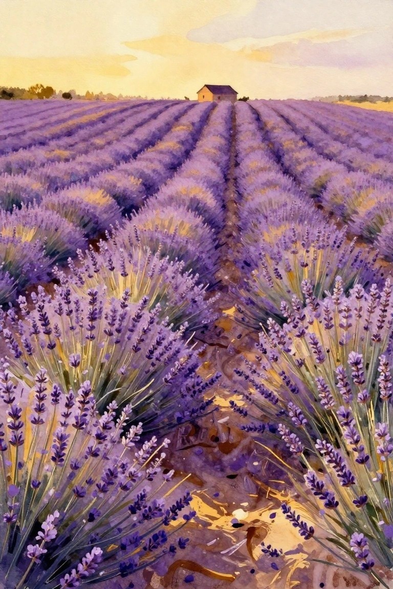 Watercolor of purple lavender rows at sunset with distant house in golden light