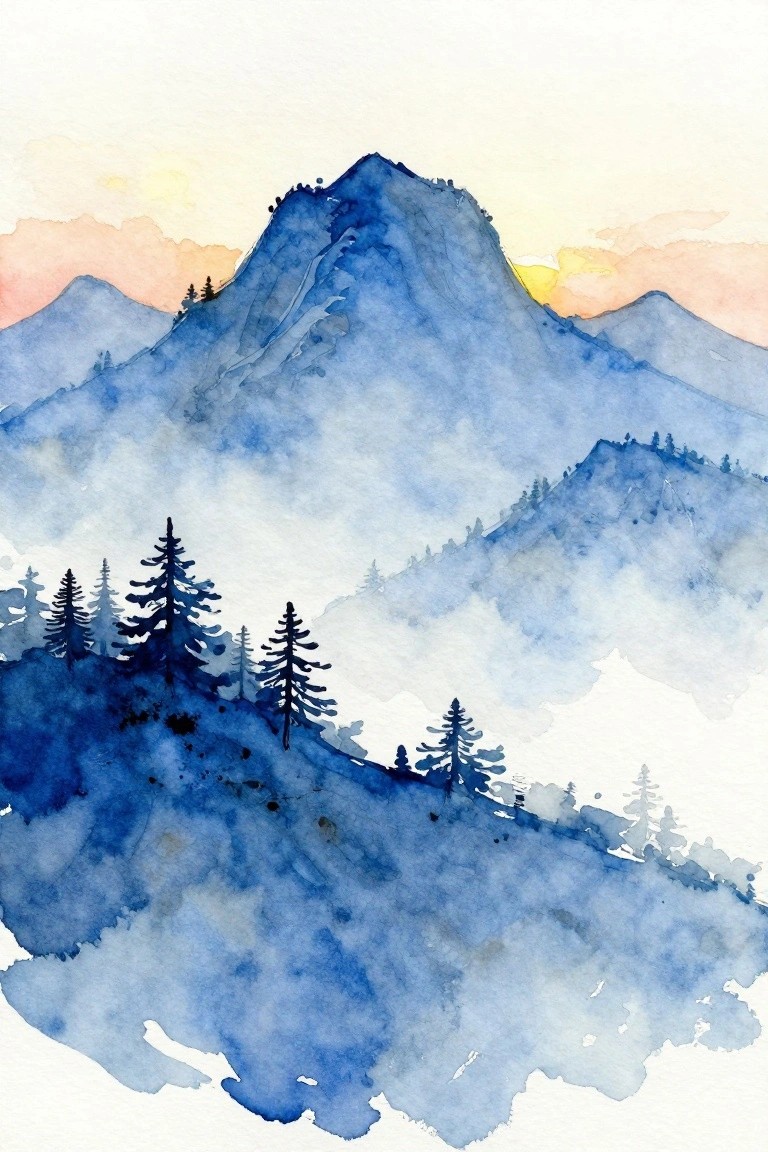 A watercolor painting of layered blue mountains with dark pine tree silhouettes in the foreground and a soft orange-yellow sky at the horizon.