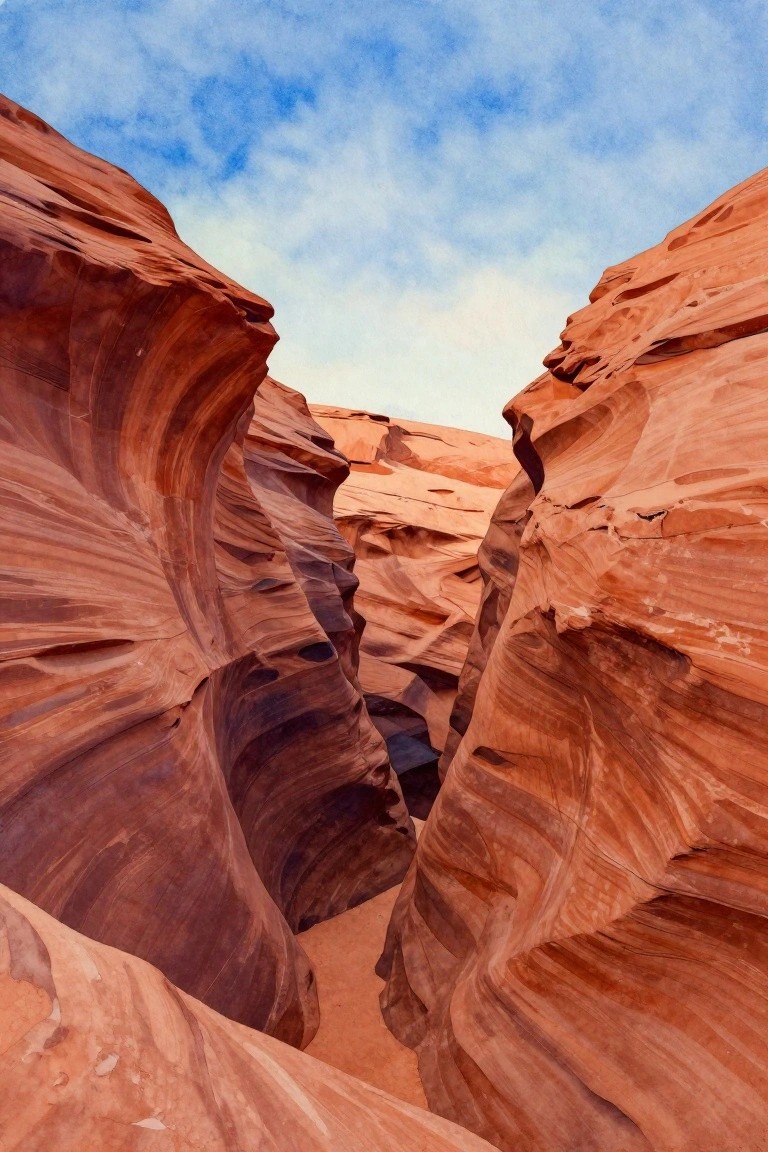 A narrow canyon with smooth layered red sandstone walls and a strip of blue sky above.