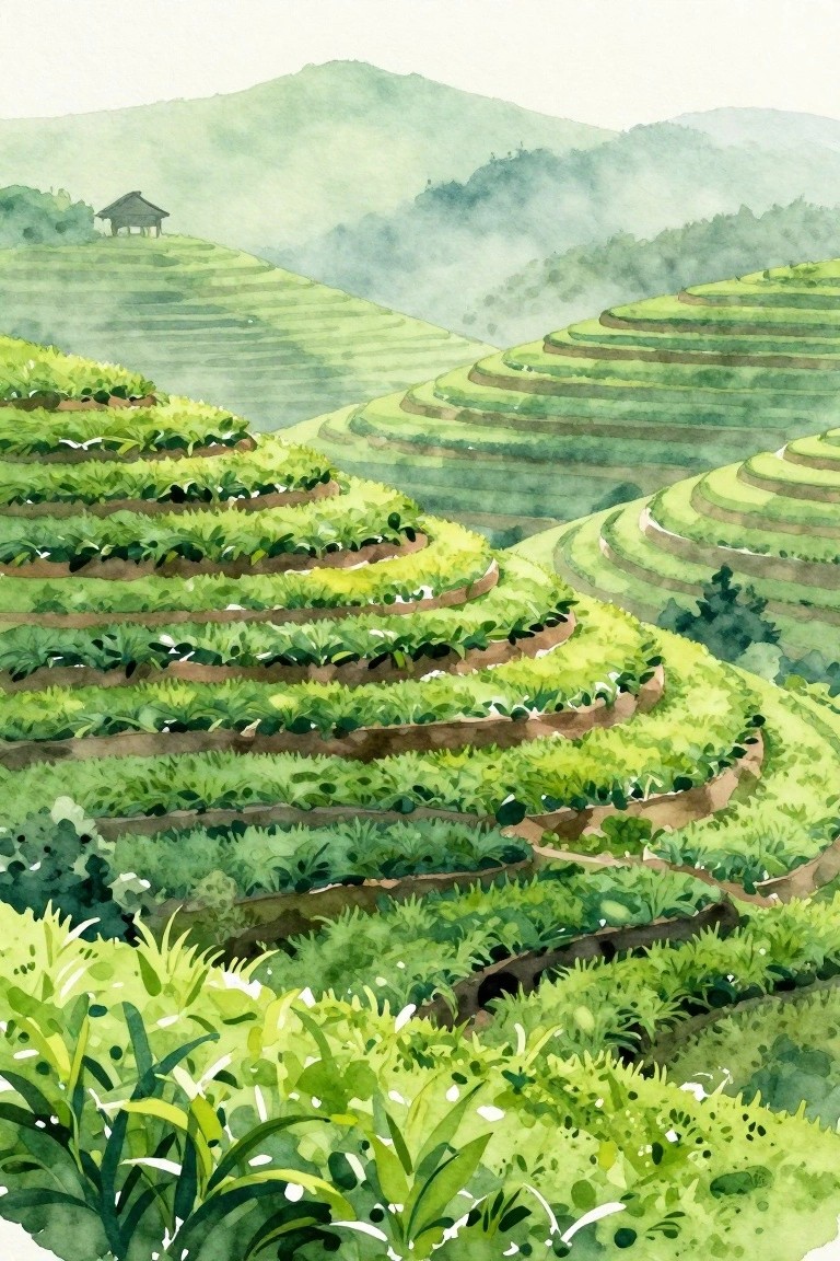 Watercolor of lush green terraced rice fields with misty mountains and a hut