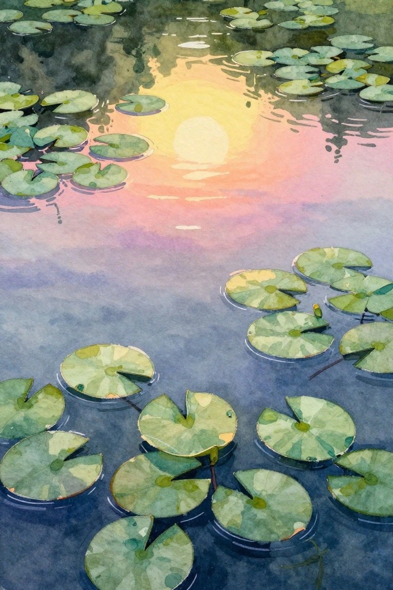 Watercolor painting of green lily pads floating on a pink sunset pond.