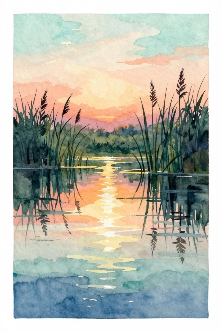 A watercolor landscape painting showing a sunset reflected in calm water with tall reeds in the foreground and distant hills.