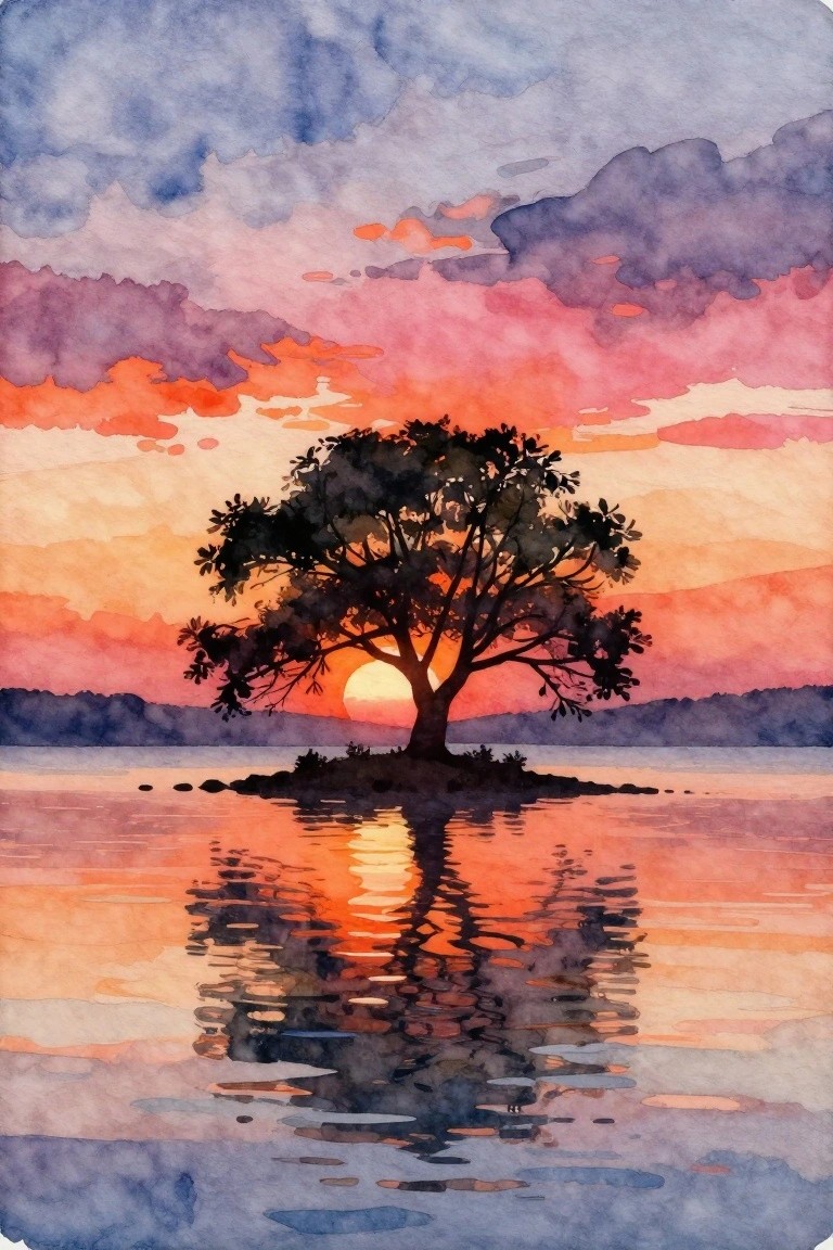 A watercolor painting shows a dark silhouetted tree on a small island in calm water at sunset, with a colorful sky of pink, orange, and purple clouds and a clear reflection below.