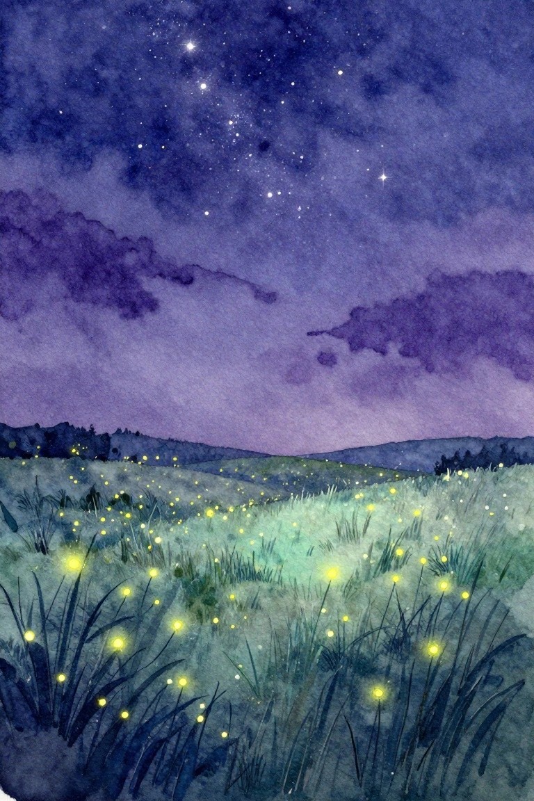 Watercolor night meadow with glowing fireflies under starry purple sky and hills