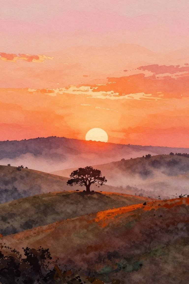 Watercolor sunset landscape with misty hills, glowing sun, and lone silhouetted tree.
