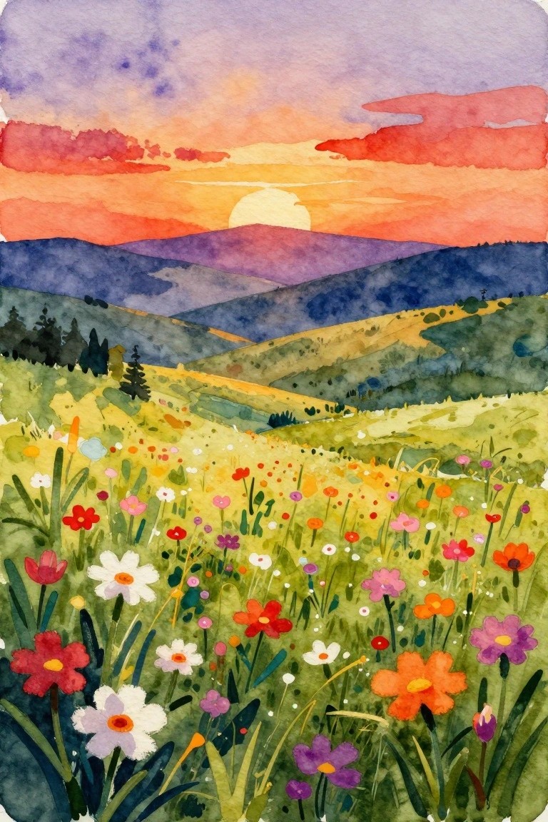 Watercolor sunset over purple mountains with vibrant wildflower meadow in foreground.
