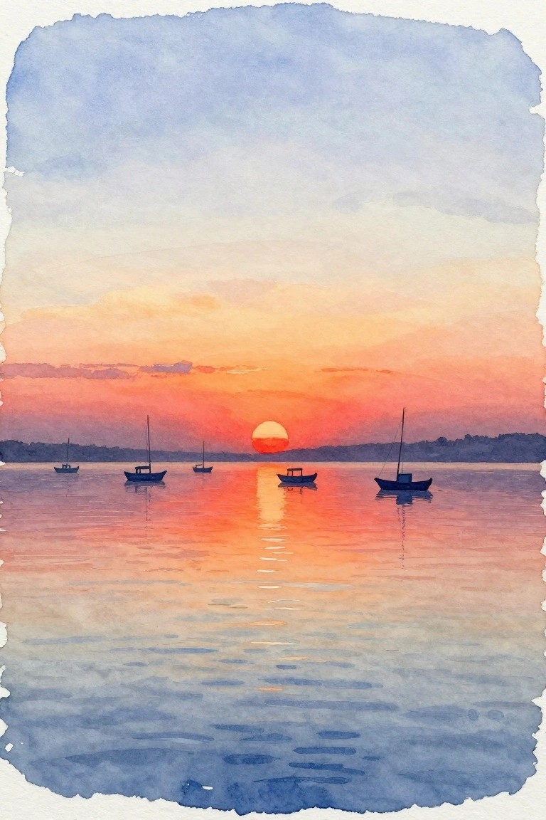 Multiple boats on calm water under vibrant orange-pink sunset with sun reflection