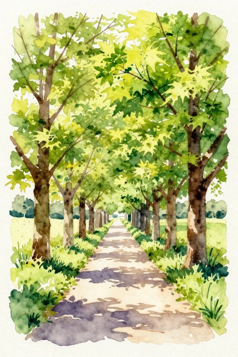 Watercolor painting of sunlit path lined with green and yellow trees