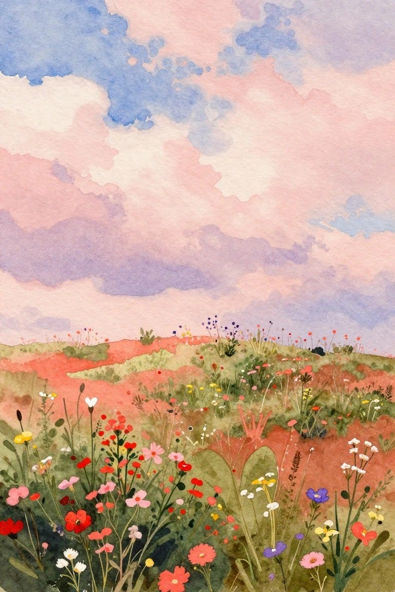 A watercolor painting of a wildflower meadow on rolling hills under a pink and blue cloudy sky.