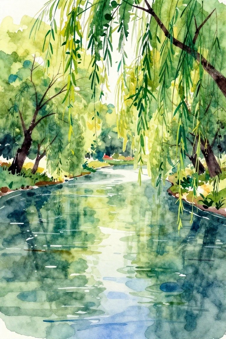 A watercolor painting of a calm river with reflections, surrounded by green weeping willow trees on both banks.