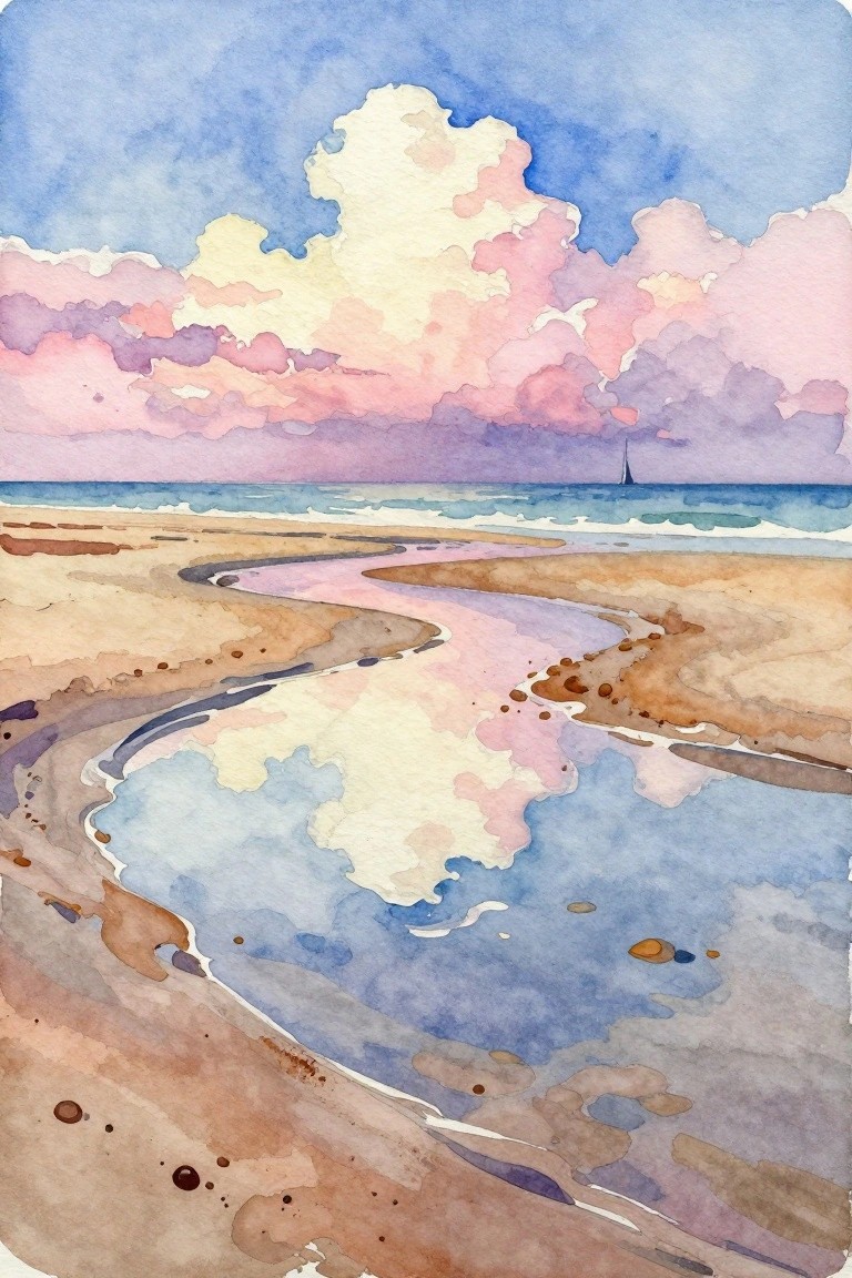 Watercolor beach scene with winding stream, pink clouds, and distant sailboat.