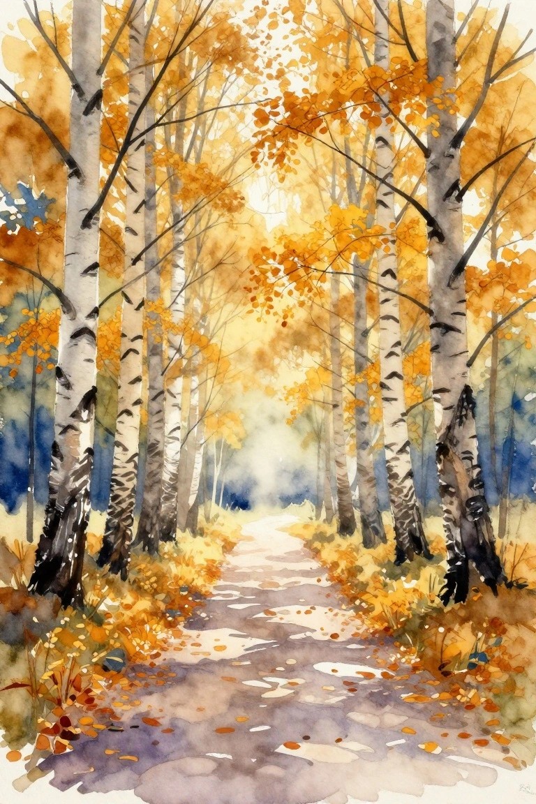 Watercolor autumn birch forest with golden leaves along winding leaf-strewn path