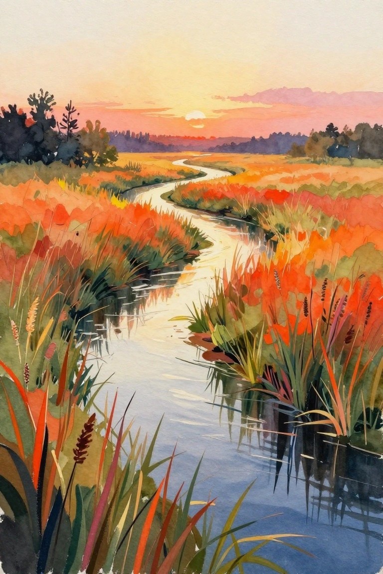 Watercolor of winding stream amid vibrant orange-red reeds at sunset