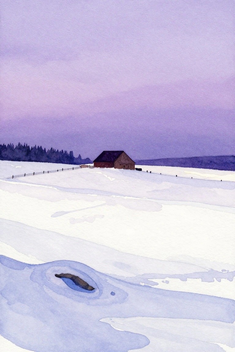 Watercolor of snow-covered field with brown barn, purple sky, distant trees, and melted patches