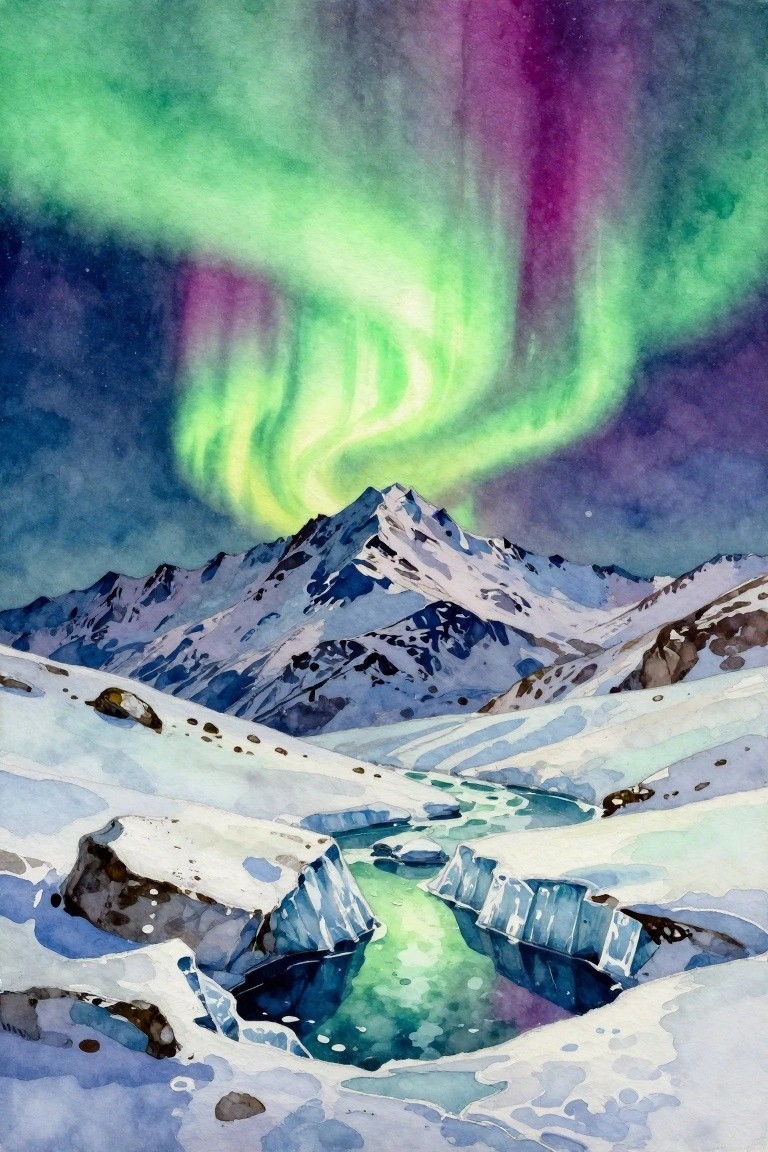 Watercolor of vibrant green-purple aurora over snowy mountains and icy stream at night