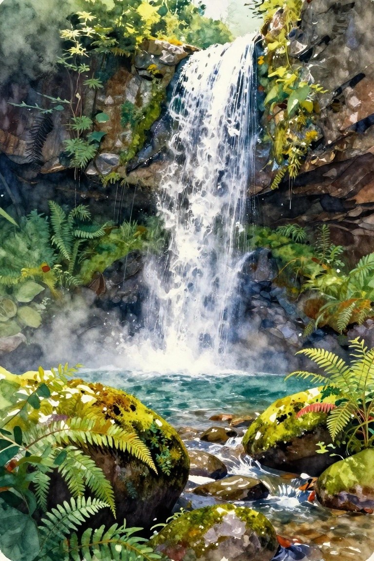 Watercolor of cascading waterfall over mossy rocks into turquoise pool amid lush ferns.