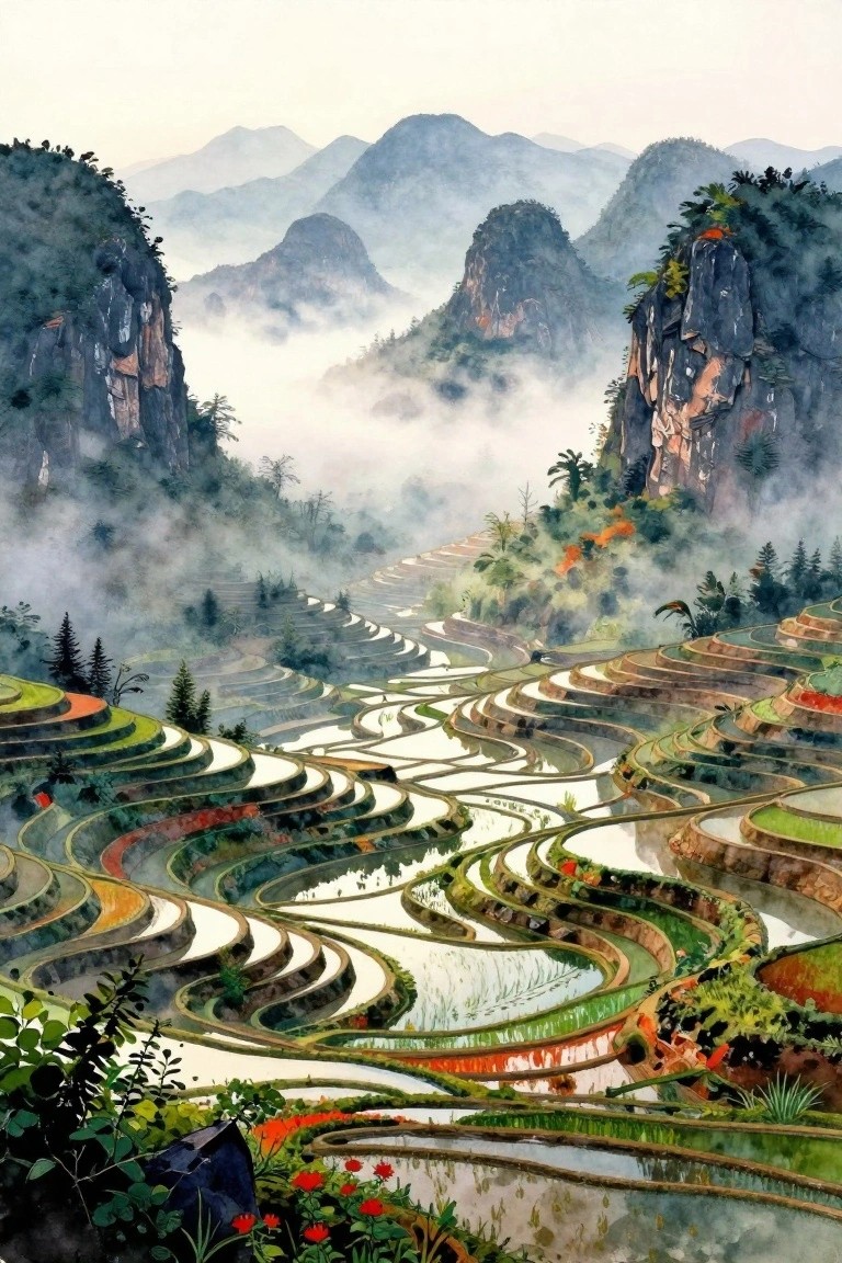 Watercolor of misty mountain rice terraces with curving flooded paddies and rocky cliffs.