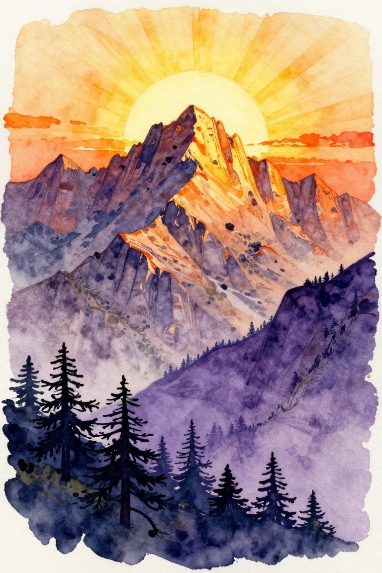 Watercolor sunset over jagged mountains with glowing orange peaks and silhouetted pine trees.