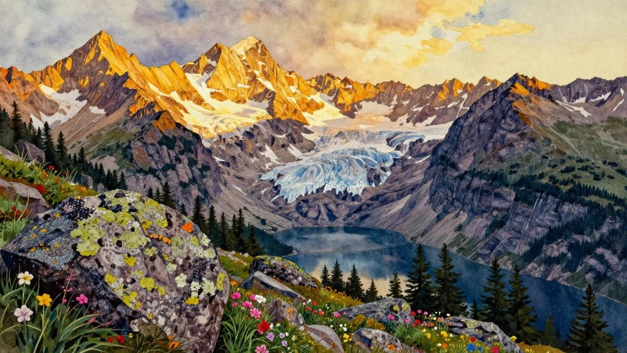 Watercolor landscape of golden mountains above a blue alpine lake ringed by wildflowers.