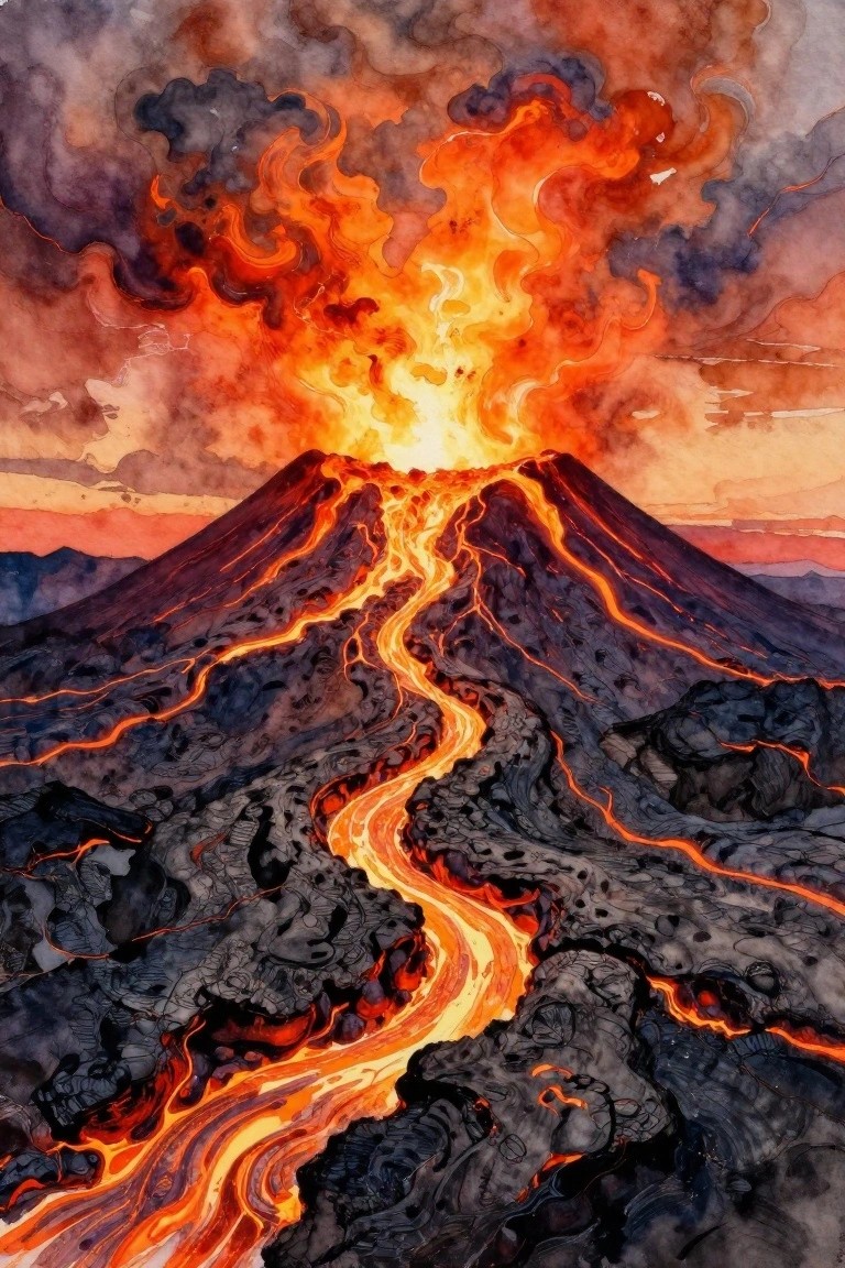 Watercolor of erupting volcano with glowing orange lava flows and smoky skies