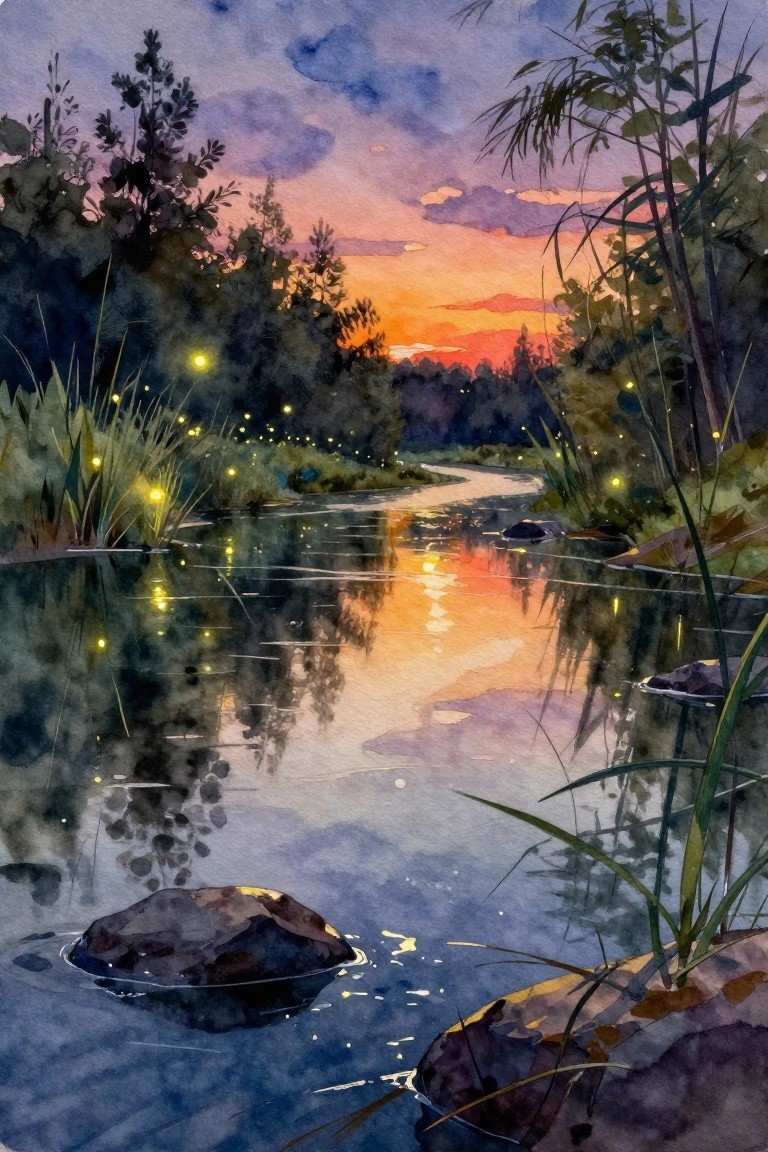 Watercolor sunset river with glowing fireflies, rocks, and lush riverbank vegetation.