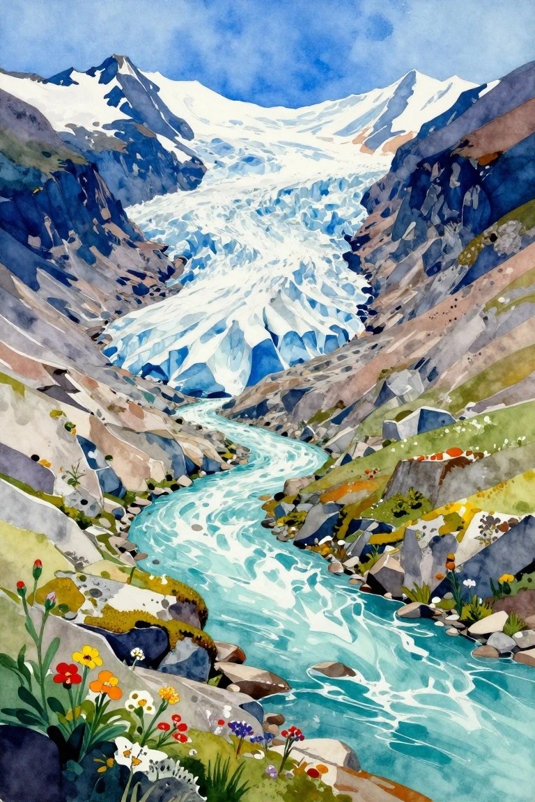 Watercolor of turquoise glacial river winding through snowy mountains with colorful wildflowers foreground