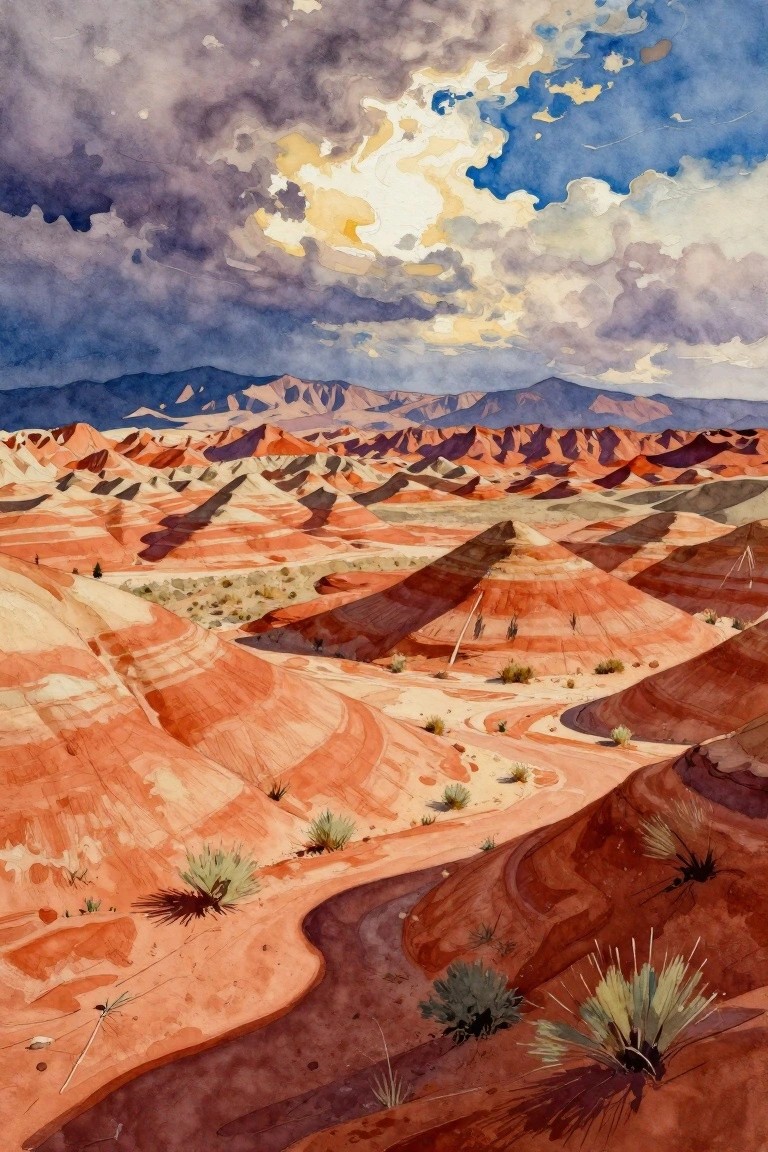 Watercolor of layered red desert canyons beneath a dramatic stormy sky with distant mountains.