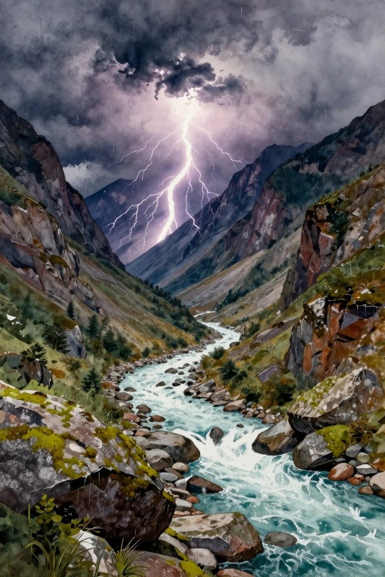 A watercolor painting of a rocky mountain valley with a turquoise river, steep slopes, dark storm clouds, and a bright lightning bolt in the center.
